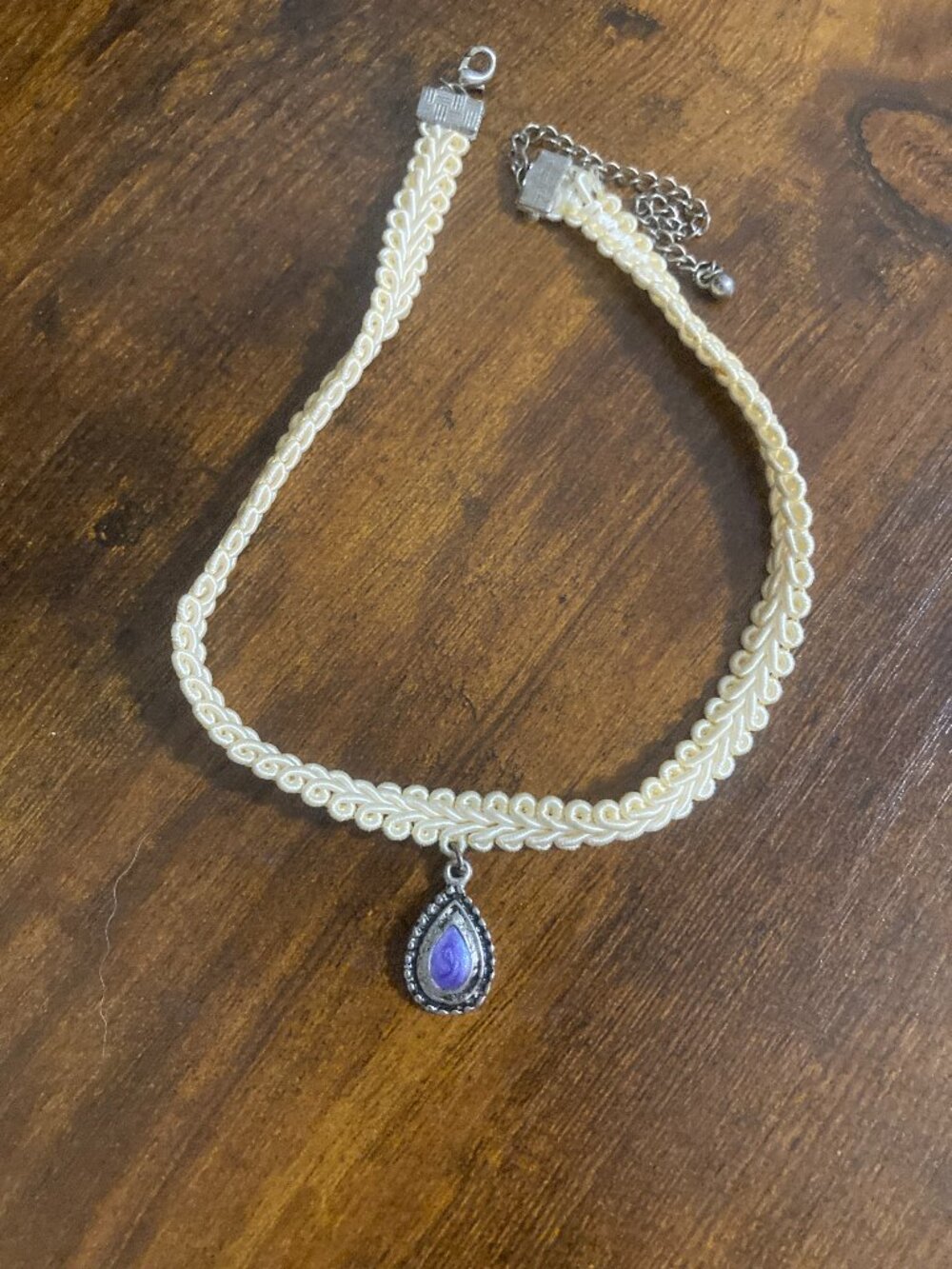 Ivory Braid Lace Choker Necklace with small purple pendant